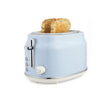 Light blue 2-slice toaster with seeds multigrain toast, angled front view
