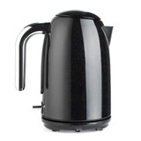 Black electric kettle with chrome handle, side view on white background