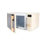Cream microwave with wood-effect handle, open door, digital controls visible