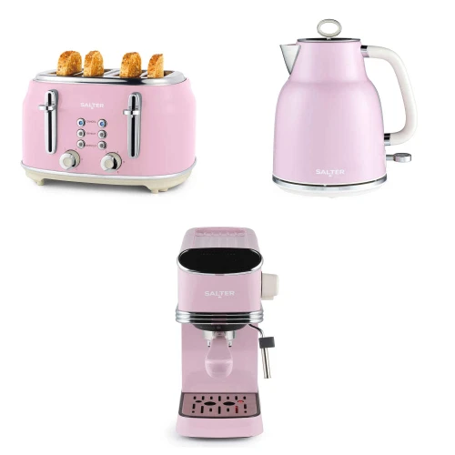Retro Kettle, 4-Slice Toaster & Espresso Set – Pink