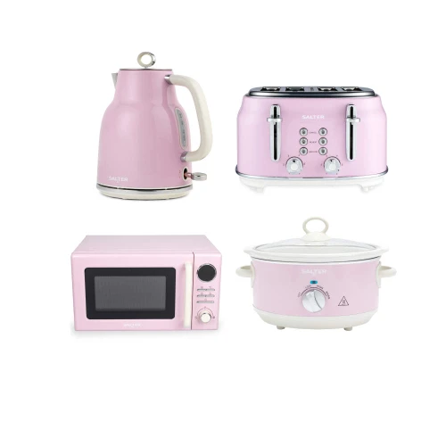 Retro Kettle, 4-Slice Toaster, Microwave & 3.5L Slow Cooker Set - Pink