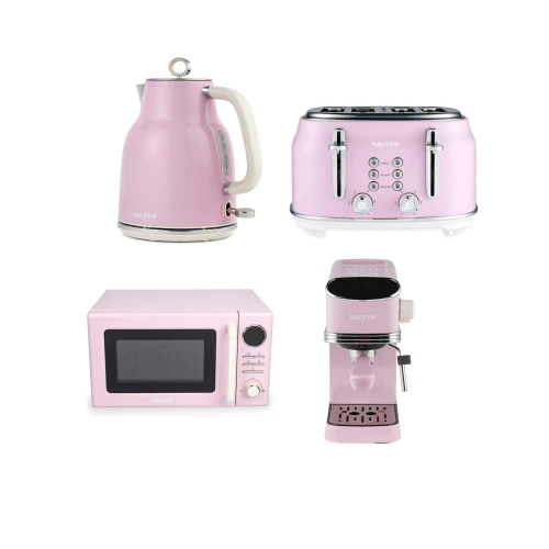 Retro Kettle, 4-Slice Toaster, Microwave & Espresso Machine Set - Pink