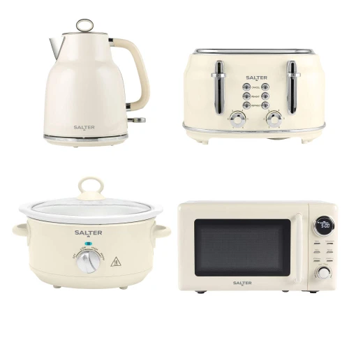 Retro Kettle, 4-Slice Toaster, Microwave & 6L Slow Cooker Set - Cream