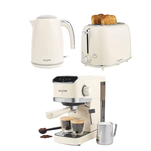 Retro Plastic Kettle, 2-Slice Toaster & Espresso Machine Set - Cream