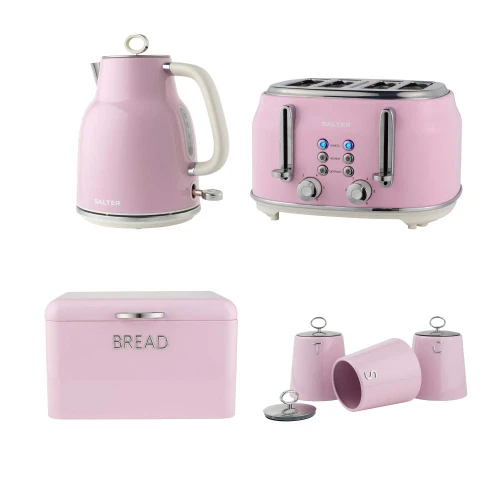 Retro Kettle, 4-Slice Toaster, Bread Bin & Canister Set - Pink
