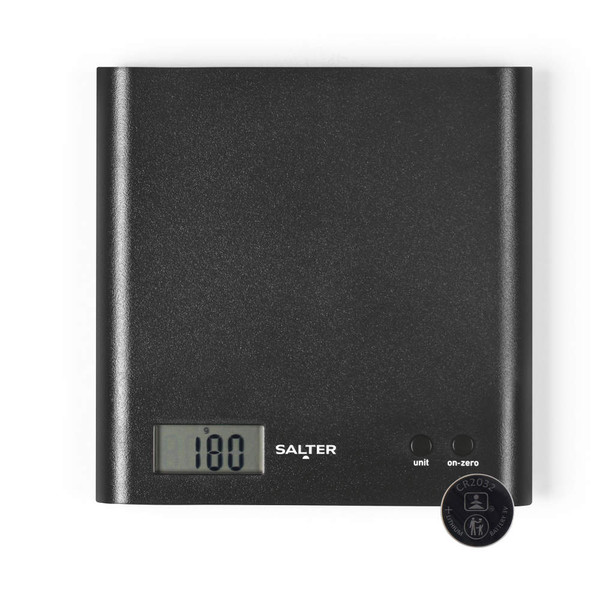 Black digital kitchen scale with LCD display, shown from above