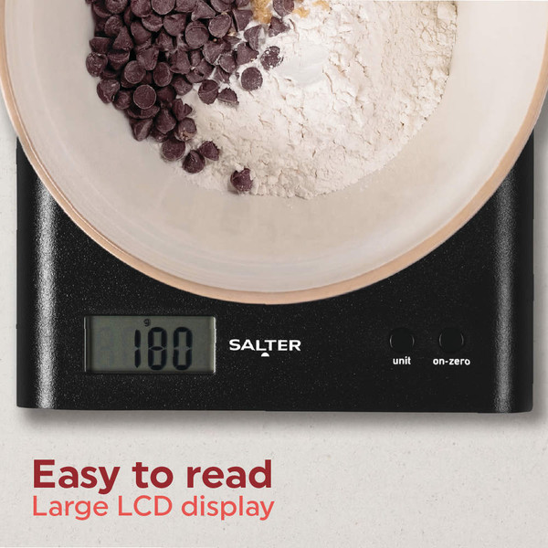 Salter digital kitchen scale with bowl of ingredients, large LCD display shown