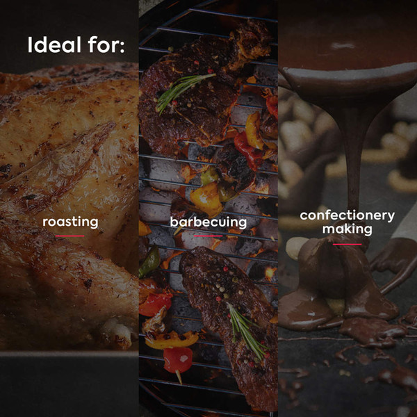Promotional graphic showing roasting, barbecuing, and confectionery making uses.