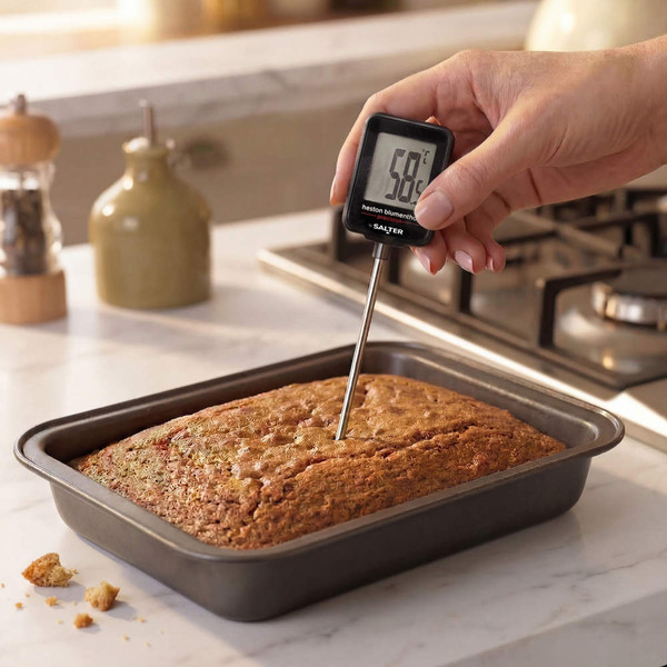 Hand using digital food thermometer to check cake in baking tray on kitchen worktop