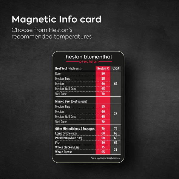 Magnetic cooking temperature info card showing Heston Blumenthal's recommended meat temperatures