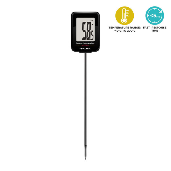 Digital cooking thermometer with black display, temperature shown in Celsius.