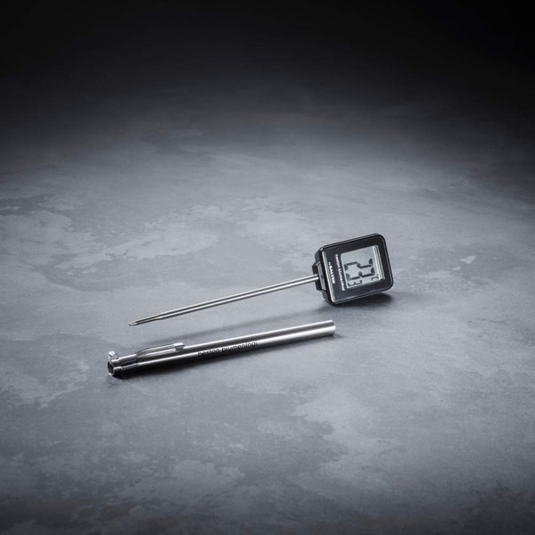 Heston Blumenthal instant read meat thermometer in black retail packaging, front and side view