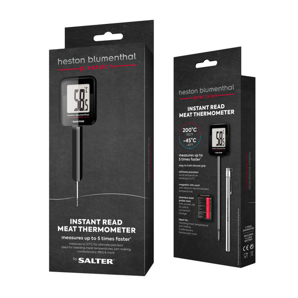 Heston Blumenthal instant read meat thermometer in black retail packaging, front and side view