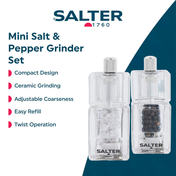 Mini salt and pepper grinder set with clear casing, ceramic grinding, and adjustable coarseness.
