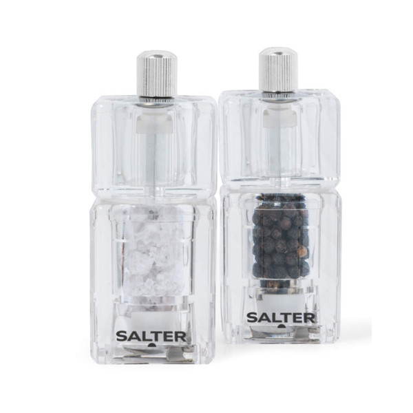Set of two clear acrylic Salter mills: one with sea salt crystals, one with black peppercorns.