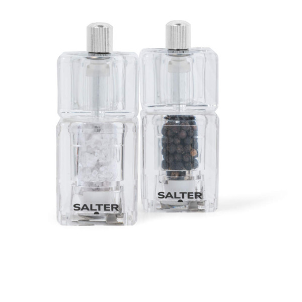 Set of two clear acrylic Salter mills: one with sea salt crystals, one with black peppercorns.