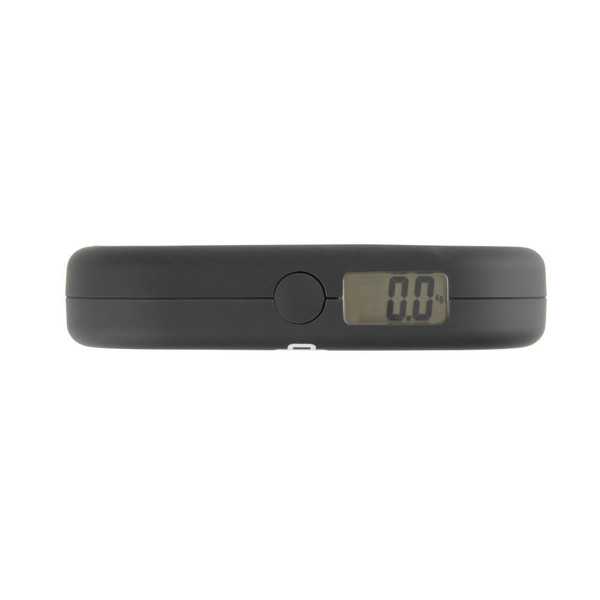 Black digital luggage scale with strap, Salter brand, shown from side