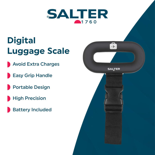 Digital luggage scale in use, attached to silver suitcase
