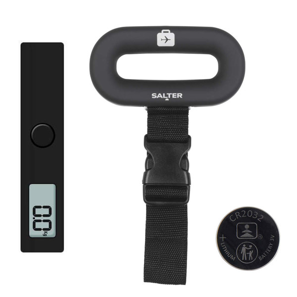 Digital luggage scale in black with display, strap, and battery shown