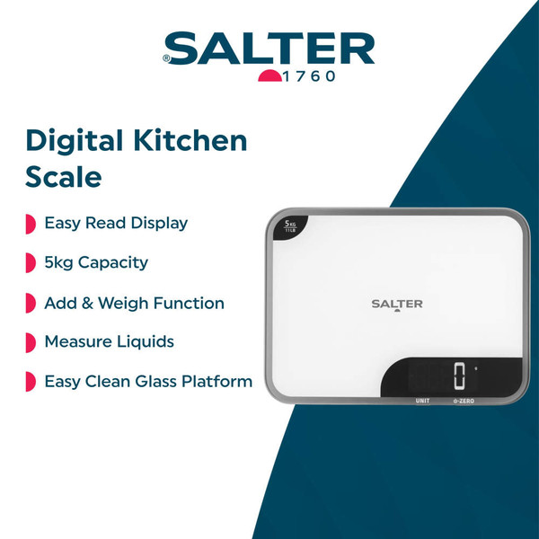 White digital kitchen scale with black Salter logo, large display, top view.