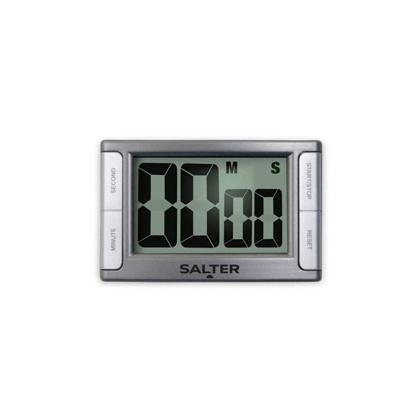 Silver digital kitchen timer with large display, showing zero, front view