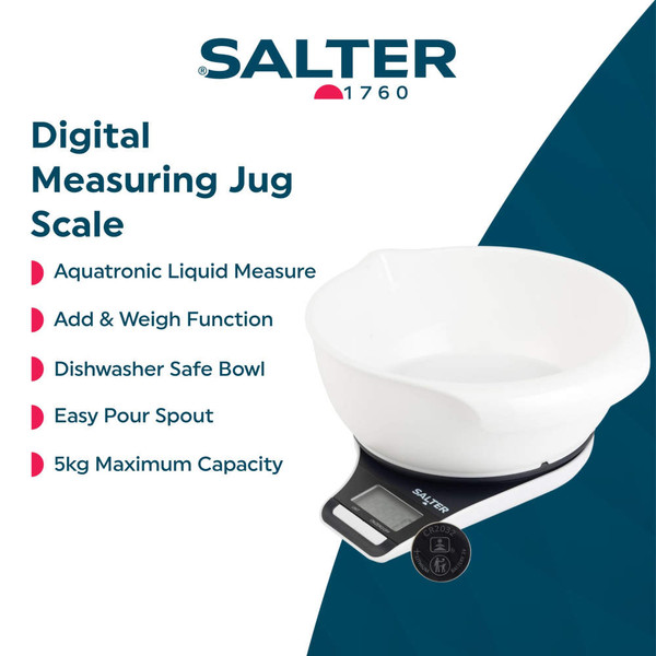 Digital kitchen scale with white mixing bowl, flour and baking tools on worktop