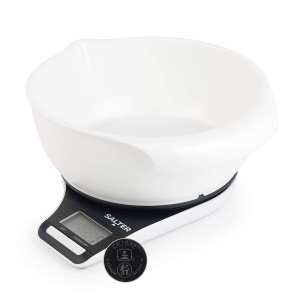 Black and white digital kitchen scale with removable mixing bowl and CR2032 battery shown