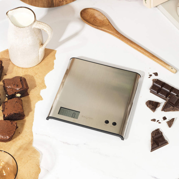 Salter silver digital kitchen scale with LCD screen and two buttons