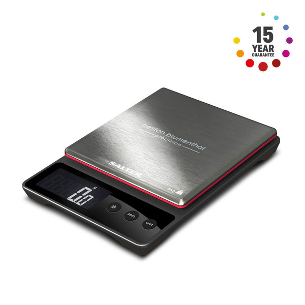Salter Heston Blumenthal digital kitchen scale with stainless steel platform, angled view