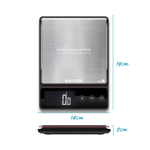 Digital kitchen scale with stainless steel platform, black base, size 19x14x2cm