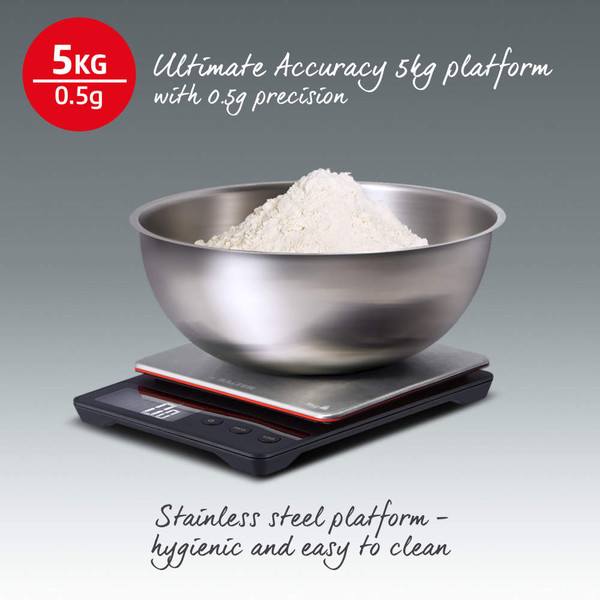 Digital kitchen scale with stainless steel platform and mixing bowl, 5kg capacity, 0.5g precision