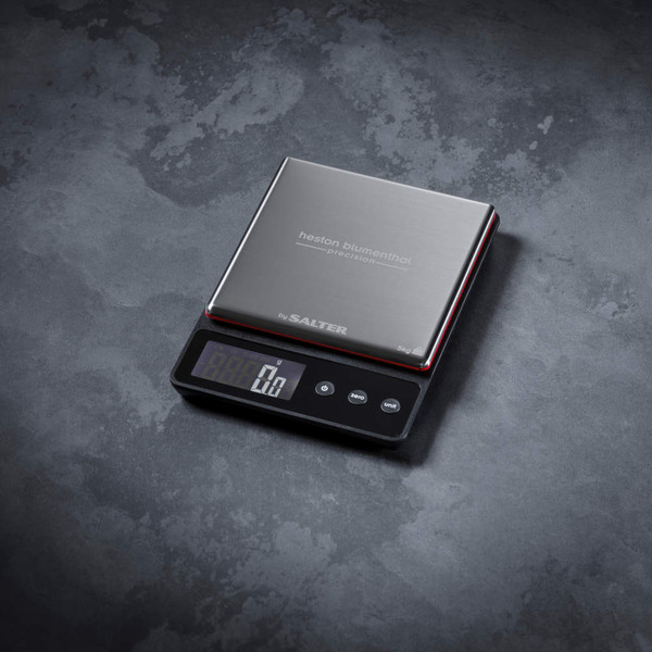 Salter Heston Blumenthal digital kitchen scale with stainless steel platform, angled view