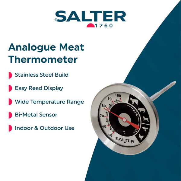 Meat thermometer in roast chicken on red dish, festive dinner setting, UK product image