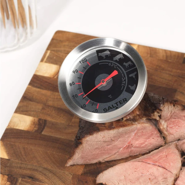 Stainless steel oven thermometer side view with 13cm probe, 7cm dial.