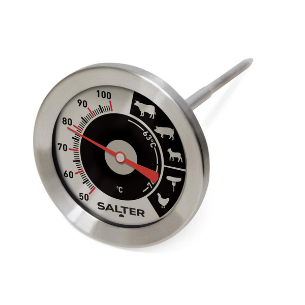 Meat thermometer with dial showing temperature guide for beef, pork, lamb, and poultry.