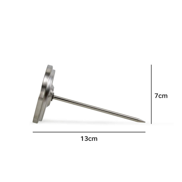 Stainless steel oven thermometer side view with 13cm probe, 7cm dial.