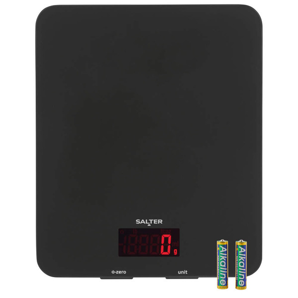 Black Salter digital kitchen scale with red LED display, shown with two AA batteries.