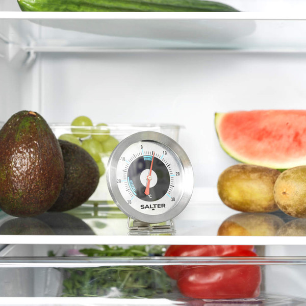 Salter fridge and freezer thermometer in retail packaging, shows dial and hanging hook.