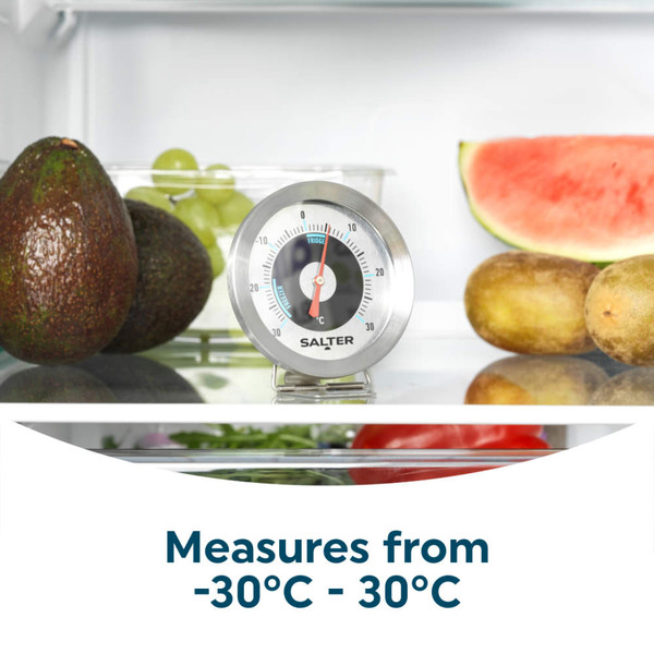Salter fridge and freezer thermometer in retail packaging, shows dial and hanging hook.