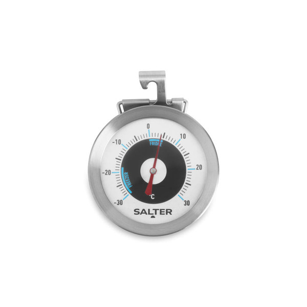Stainless steel fridge and freezer thermometer with hook, displaying temperature in Celsius
