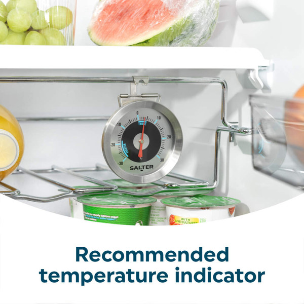 Salter fridge thermometer attached to shelf, fresh fruit and vegetables visible.