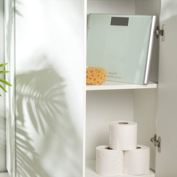 Bathroom shelf with three toilet rolls, a sponge, and a Salter glass bathroom scale.