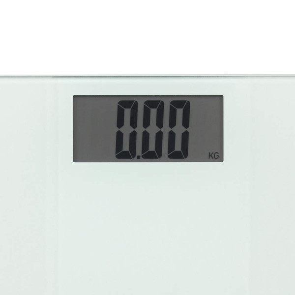 White digital bathroom scale showing close-up of kg LCD display, reading zero