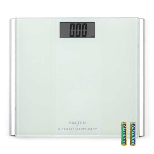 Glass bathroom scale with large digital display and two included AAA batteries