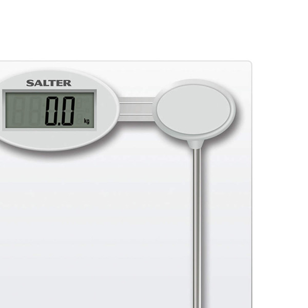 White digital bathroom scale with large display showing 0.0kg and Salter branding