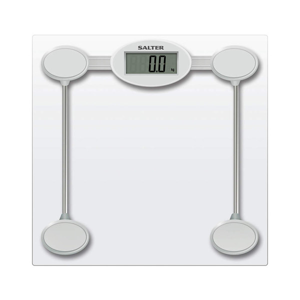Silver digital bathroom scale with clear display, shown from above