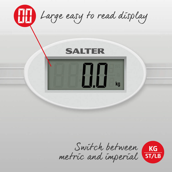 Digital bathroom scale with large easy-to-read display, switches between kg and st/lb.