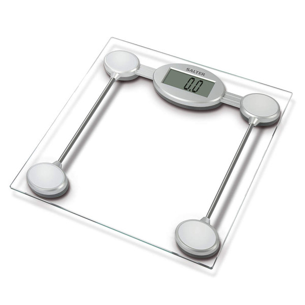 Glass digital bathroom scale with silver accents, showing 0.0kg on display