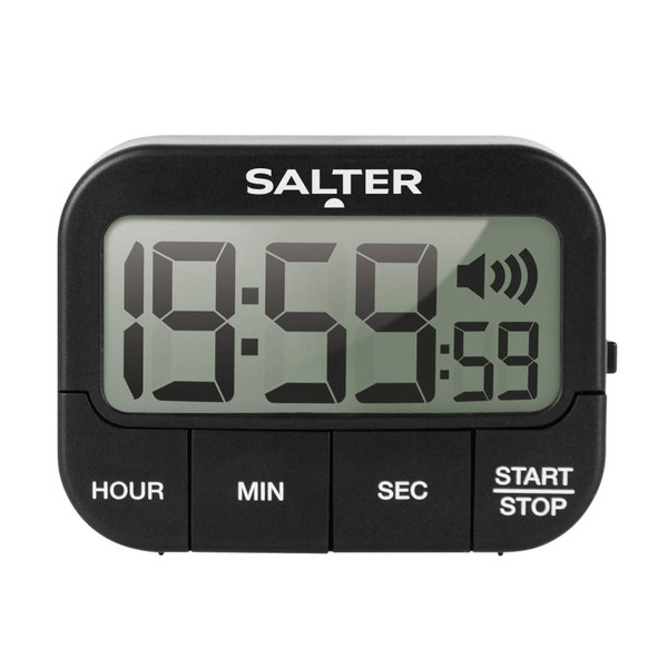Black Salter digital kitchen timer with large display, buttons for hour, minute, second, and start/stop.