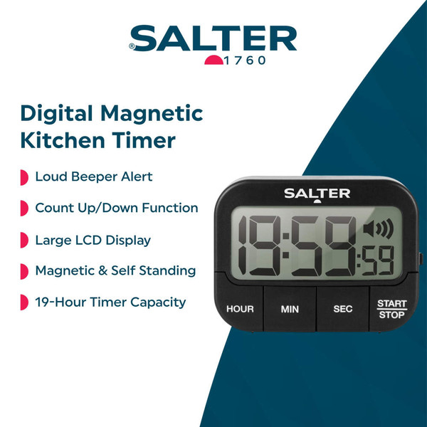 Black extra loud electronic timer in box, angled front view